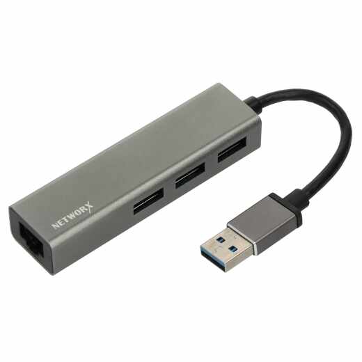 Networx USB 3.0 Hub to 3x USB+Ethernet Adapter Verteiler spacegrau - neu