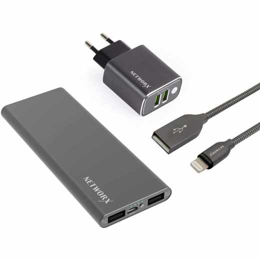 Networx Starterset USB-Netzteil Lightning-Kabel Powerbank spacegrey - sehr gut