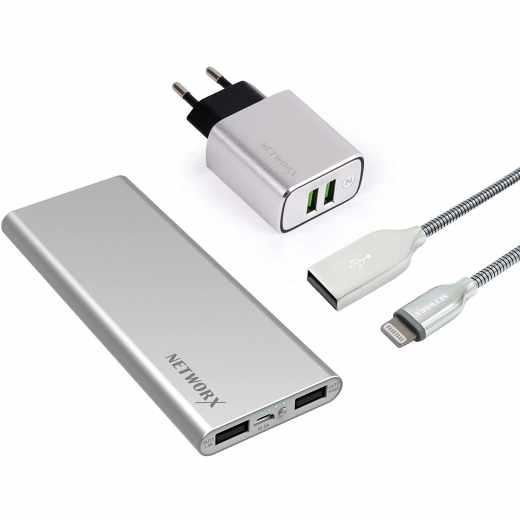 Networx Starterset USB-Netzteil Lightning-Kabel Powerbank 9000mAh silber