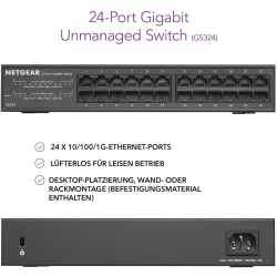 Netgear GS324-100EUS 24-Port Gigabit Switch Rackmount Switch schwarz