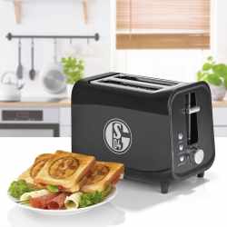 Schalke04 Toaster mit Logo auf den Scheiben und Sound Br&ouml;tchenaufsatz schwarz silber