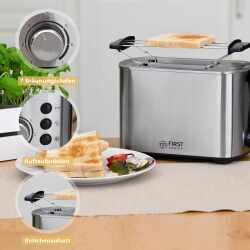 TZS First Austria Toaster Edelstahl 850W Warmhaltefunktion Kr&uuml;melschale silber