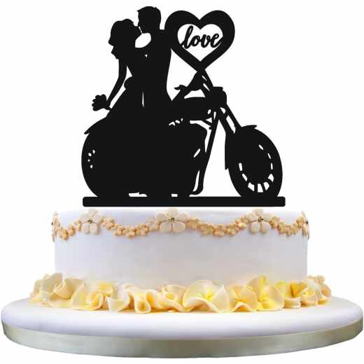 zhongfei Kuchendeko Hochzeitspaar Motorrad mit Liebesherzen schwarz