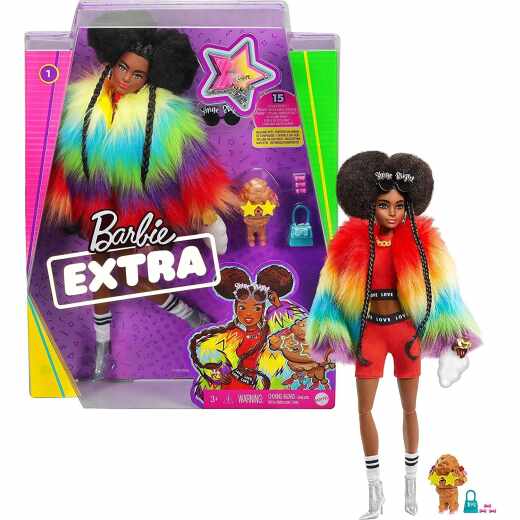 Barbie GVR04 - Extra Puppe, kuscheliger Regenbogen-Mantel mit Pudel, br&uuml;netten Afro-Puffs und geflochtenen Z&ouml;pfen