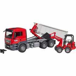 Bruder 03767 MAN TGS LKW mit Abrollcontainer + Sch&auml;ffer Hoflader Spielzeug LKW rot